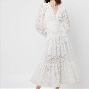 elliatt white & gold v-neck all over lace bishop sleeve maxi bridal dress small